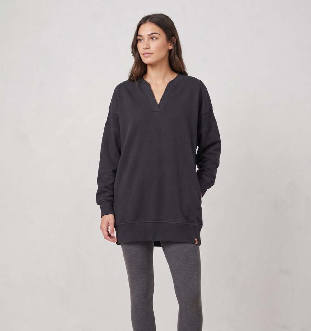 Tentree TreeFleece Size Medium Henley Neckline Oversized Sweatshirt Dress Black